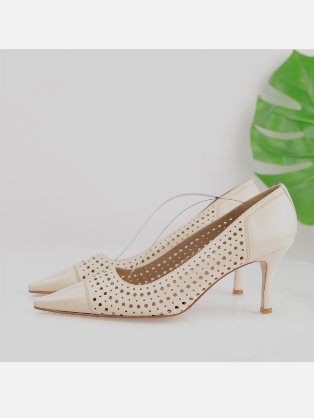 Stuart Weitzman Cream Perforated Pointed-Toe Pumps